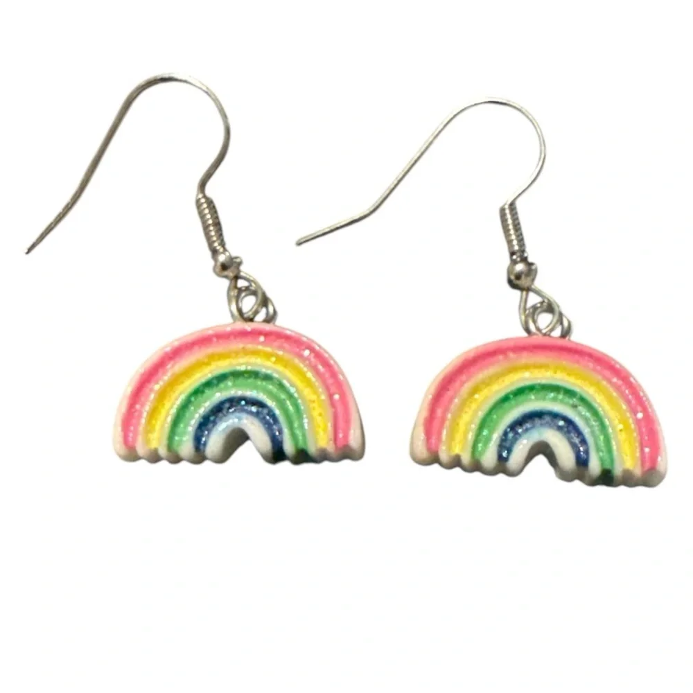 Kids Rainbow‎ Glitter Dangle Earrings Multi Color Silver Tone Fishhook Drop